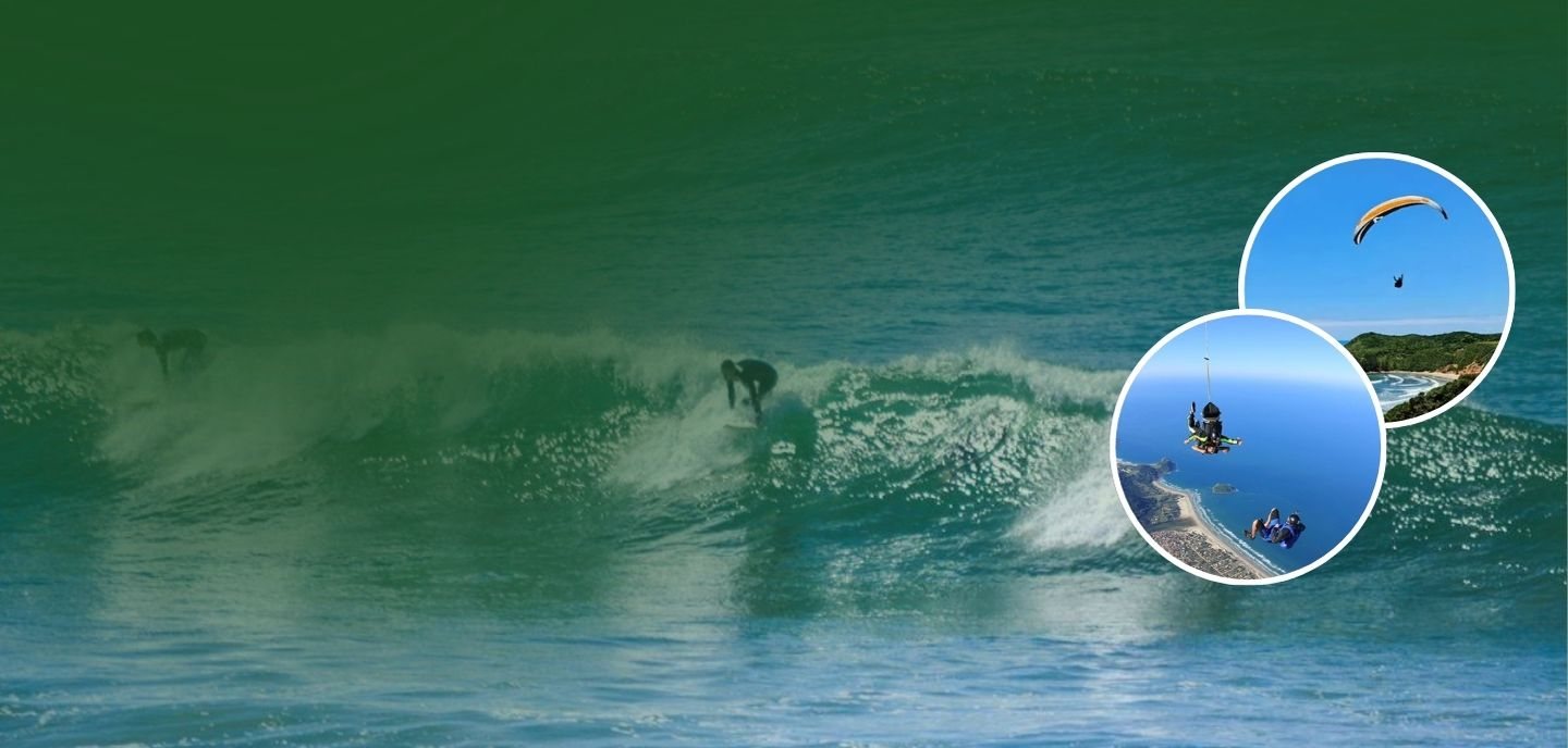 Onda quebrando na Praia do Rosa com um surfista na parede, e recortes circulares de um paraquedista sobre a costa.