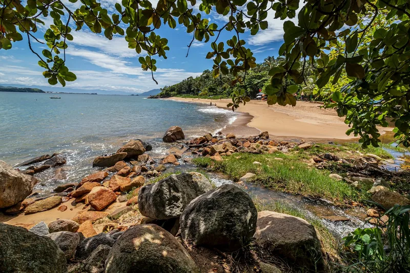 Pedras e areia com a mata fechada logo atrás da praia.