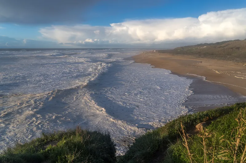Praia do Norte vista do alto, com o mar batido e a faixa de areia até o horizonte.