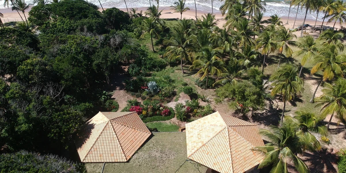 Vista aérea dos telhados da hospedagem entre os coqueiros, com a faixa de praia e o mar logo atrás.